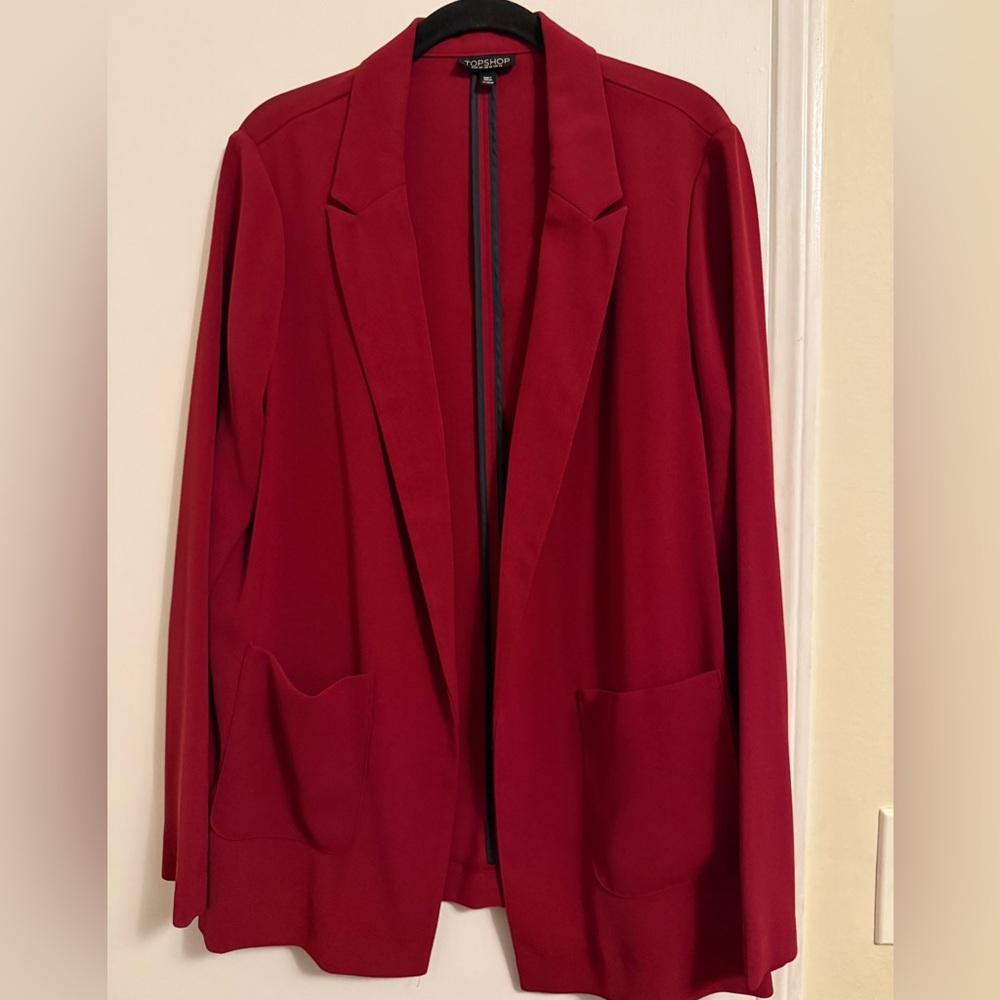 Topshop Red Open-Front Blazer with Patch Pockets